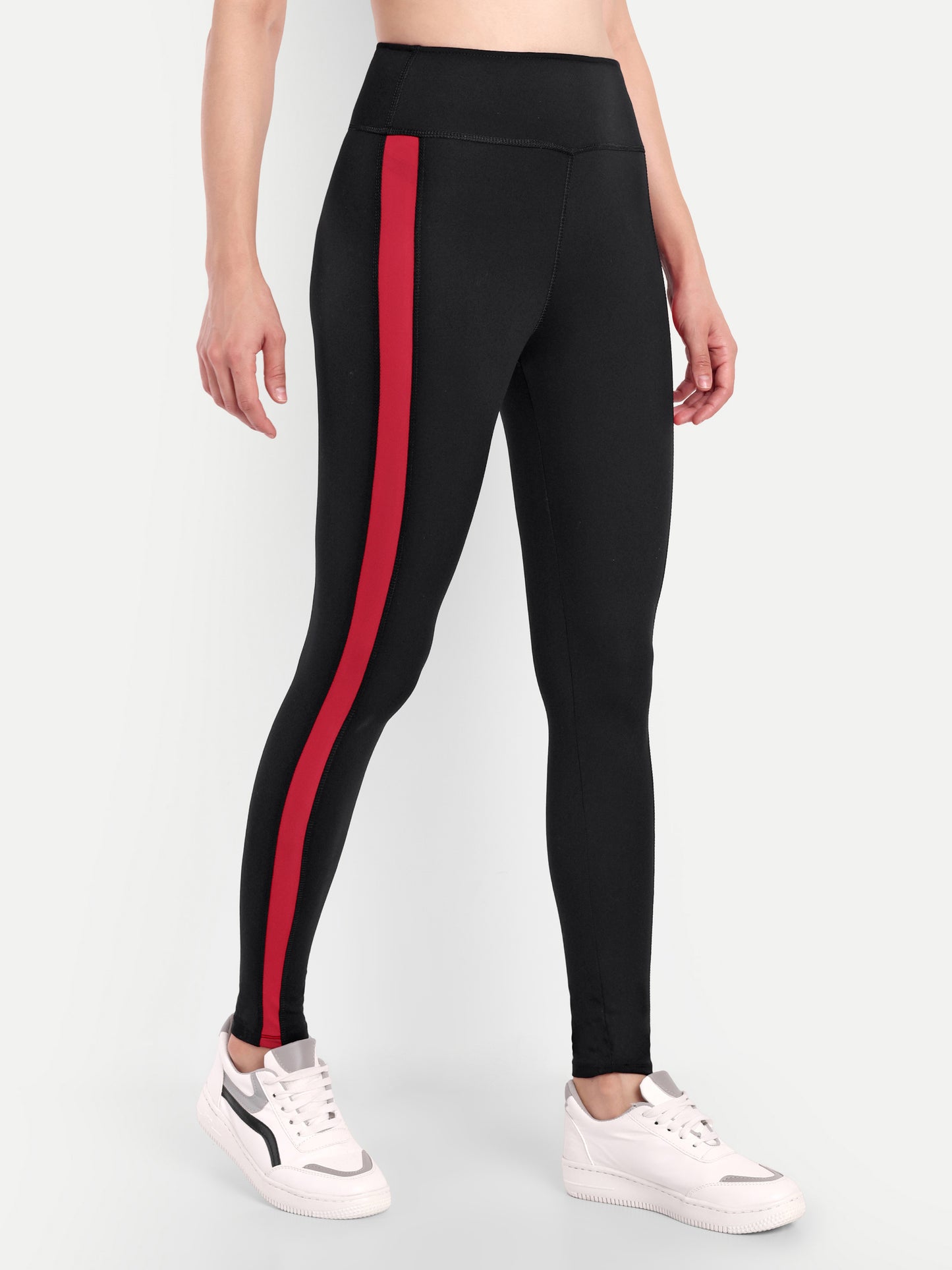 MARIA RED ACCENT HIGH WAISTED BLACK LEGGINGS