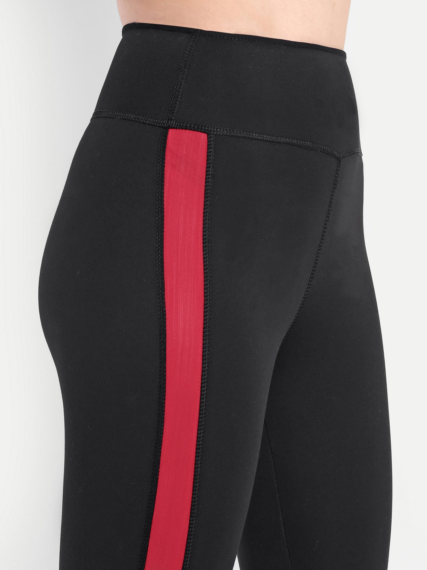 MARIA RED ACCENT HIGH WAISTED BLACK LEGGINGS