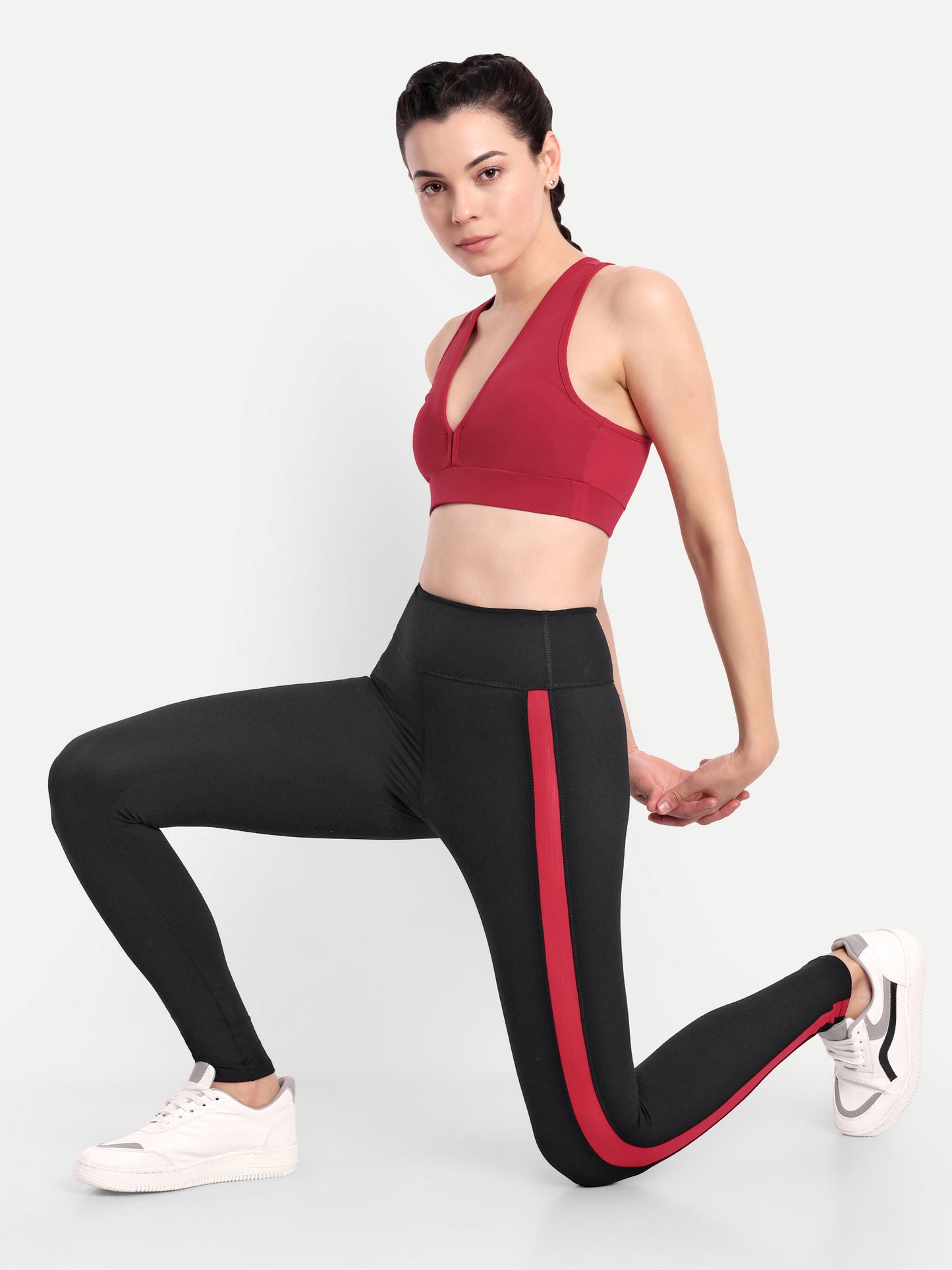 MARIA RED ACCENT HIGH WAISTED BLACK LEGGINGS