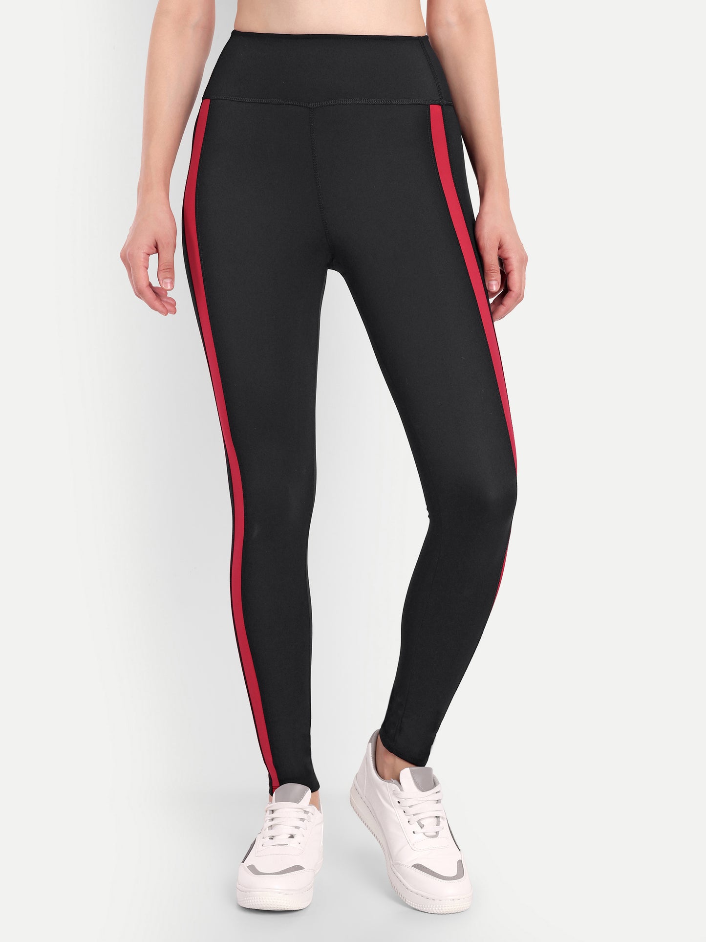 MARIA RED ACCENT HIGH WAISTED BLACK LEGGINGS