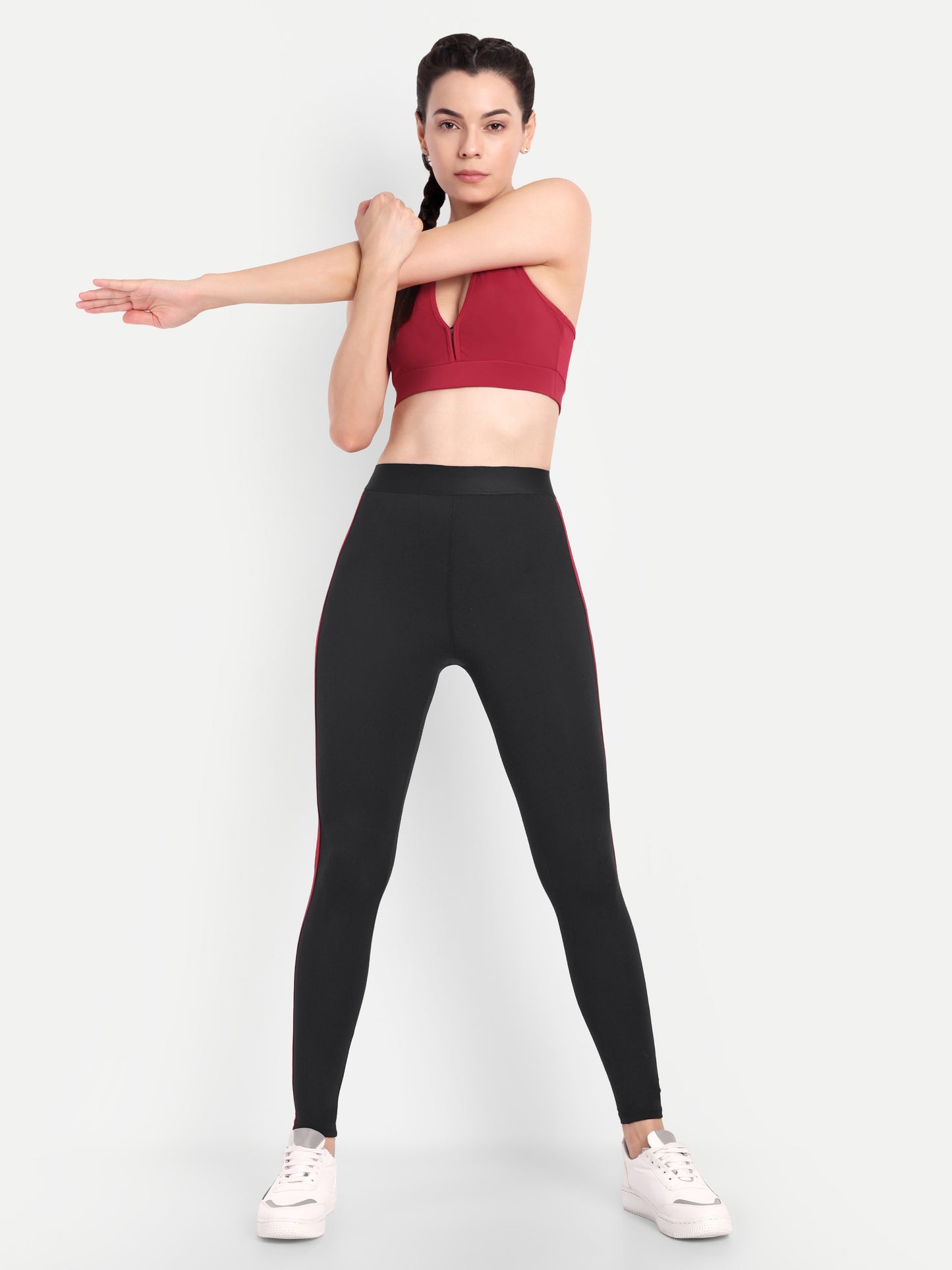 NAOMI RED ACCENT HIGH WAISTED BLACK LEGGINGS