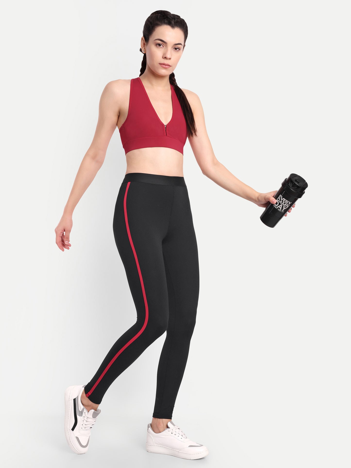 NAOMI RED ACCENT HIGH WAISTED BLACK LEGGINGS