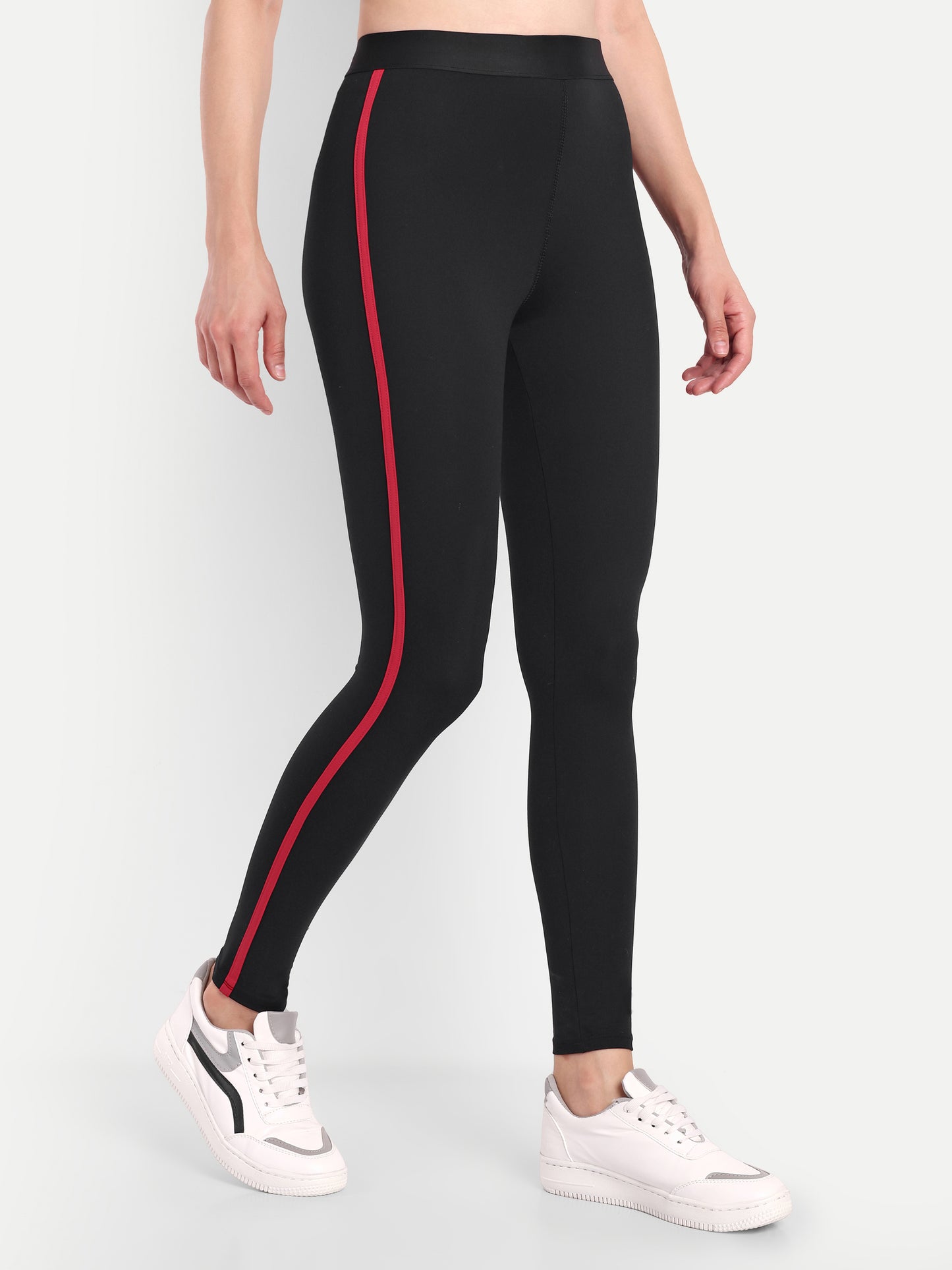 NAOMI RED ACCENT HIGH WAISTED BLACK LEGGINGS