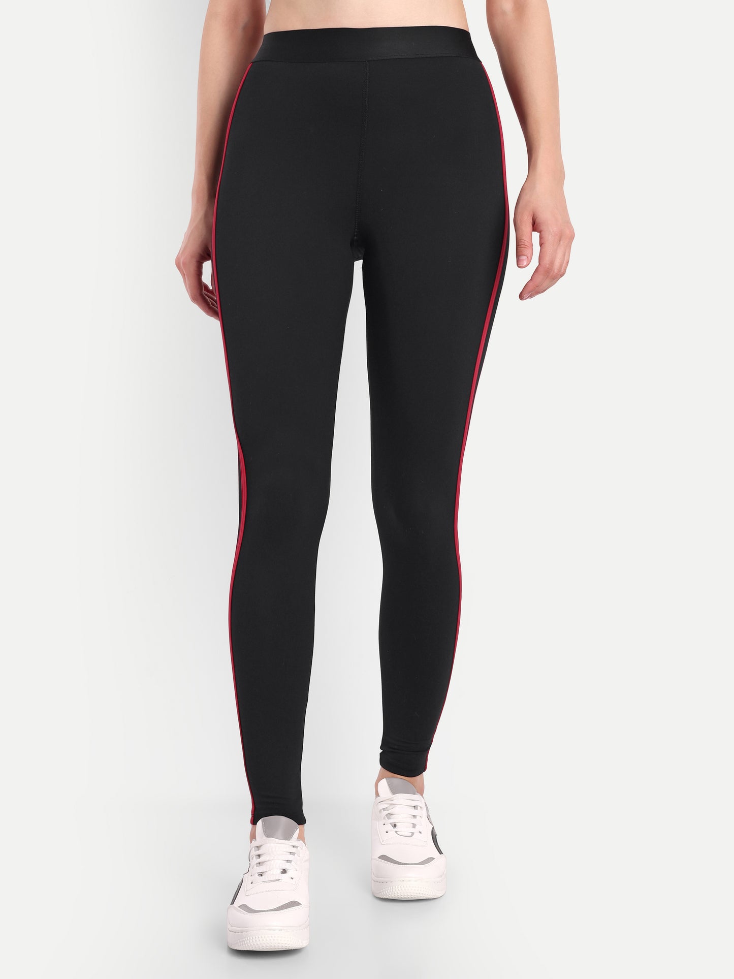 NAOMI RED ACCENT HIGH WAISTED BLACK LEGGINGS