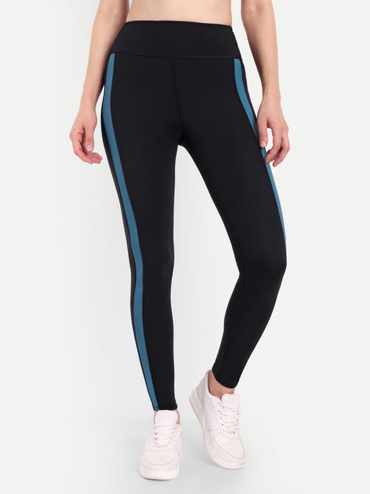 MARIA TEAL ACCENT HIGH WAISTED BLACK LEGGINGS