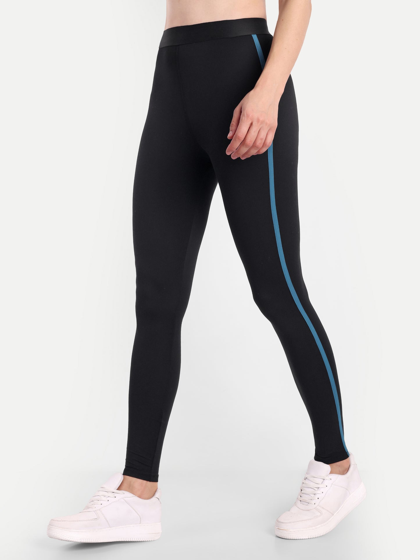 NAOMI TEAL ACCENT HIGH WAISTED BLACK LEGGINGS